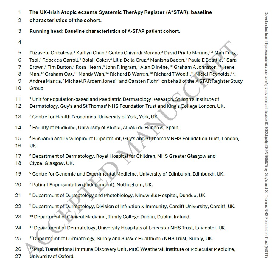 New publication: The UK-Irish Atopic eczema Systemic TherApy Register (A*STAR): baseline characteristics of the cohort