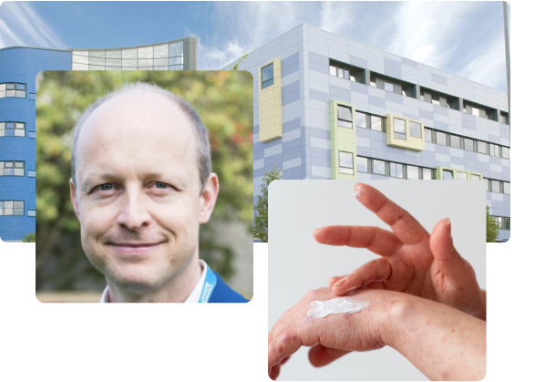 Collage of Dr Carsten Flohr infront of hospital image with a hand having cream applied.