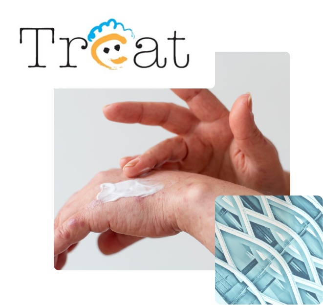 Treat logo, Hand applying cream and artist impression of skin struture