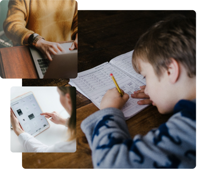 child filling out a workbook and a doctor reviewing answers