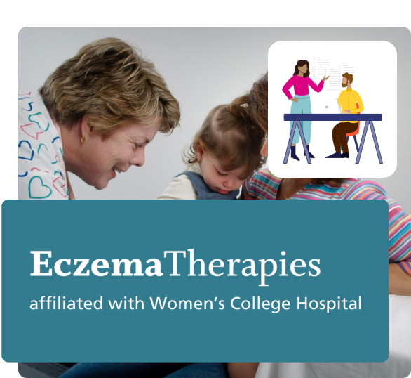 Nurse and child having a discussion with eczema therapies logo